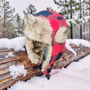 PJ Salvage Trapper Hat Faux Fur Red Black Buffalo Check Plaid Bomber Aviator Cap